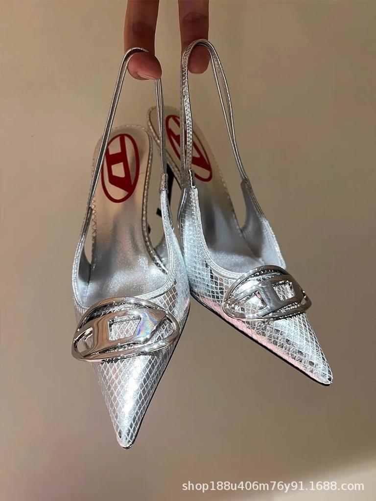 Остроносые тонкие каблуки, туфли на высоком каблуке с металлической пряжкой, новые модели весна-лето 2025, сановники, сексуальные с открытой пяткой черные туфли-лодочки женские