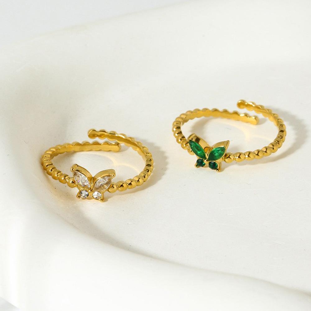 Light luxury fashion zircon butterfly ring adjustable ring stainless steel plated 18k gold waterproof jewelry women