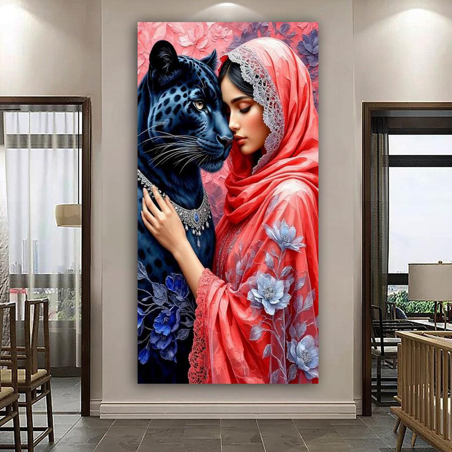 Woman and Black Panther Large Size Diamond Painting New Collection Animals Diy Full Drill Rhinestone Embroidery Mosaic Cross Stitch Kits