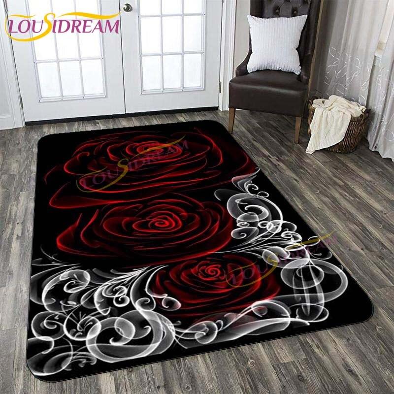 3D New Flaming Rose Floor Mat Area Rugs Rose and Skull Printed Rug and Carpets for Bedroom Home Living Room Valentine's Day Gift