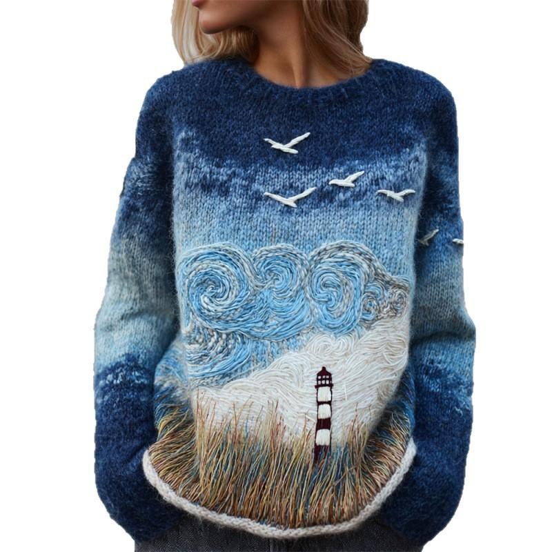Womens Fall Winter Soft Floral Knit Sweater Round Neck Long Sleeve Outerwear Innerwear