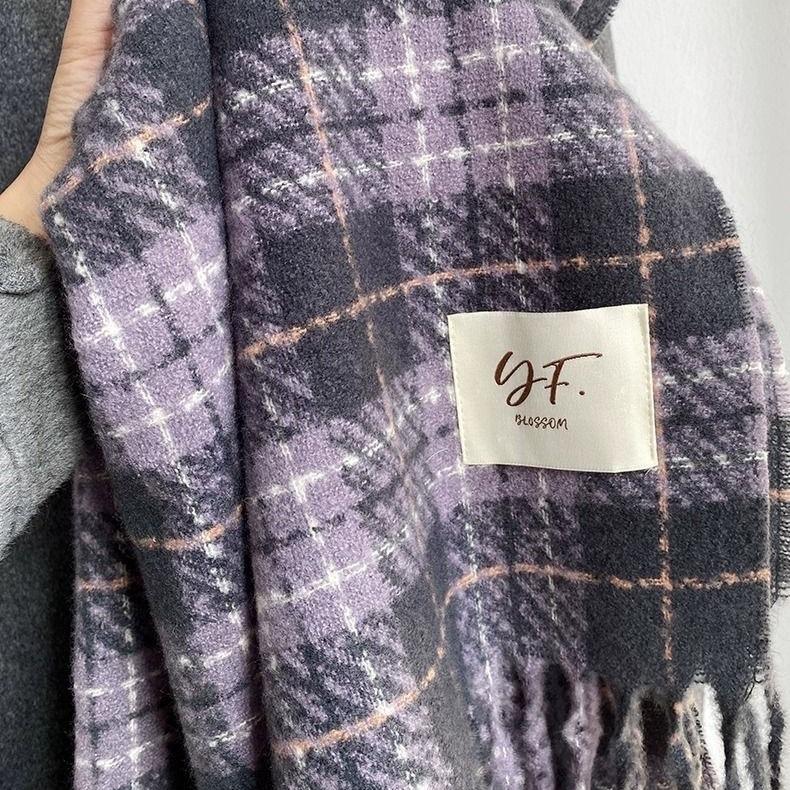 New Winter Korean Version Taro Purple High End Scarf Women's Versatile Plaid Shawl Soft Waxy Retro Warm Scarf Trendy