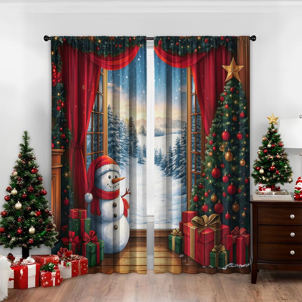 A Set Of 2 Christmas Tree Printed Curtain Sets, Suitable For Living Room, Kitchen, Bedroom, Bathroom, Dining Room And Home Decoration