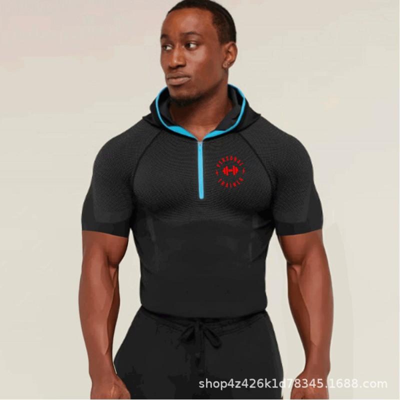 Mens Hooded Half-Zip Performance Basketball Training Top Quick-Dry Stretch Fit Athletic Shirt