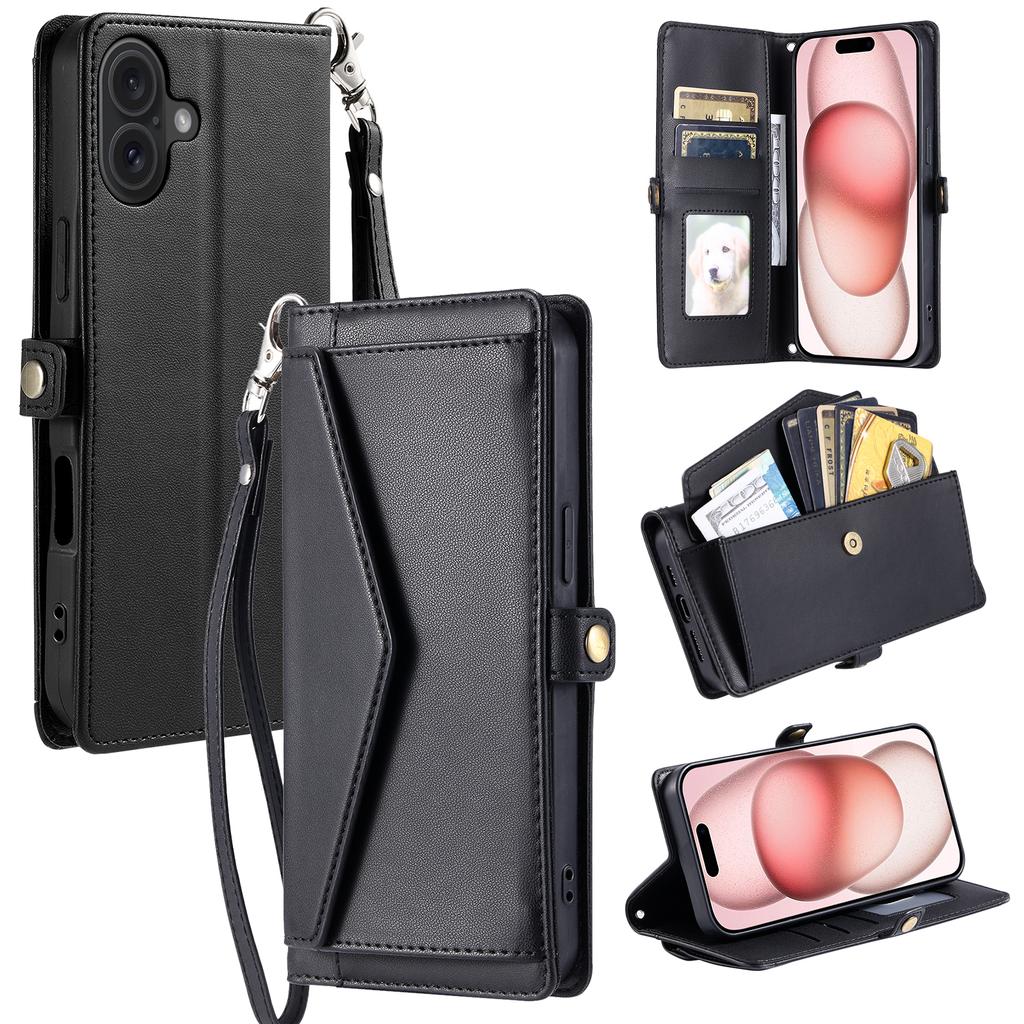 For iPhone 17 Leather Case with Wrist Strap Wallet Stand Phone Cover