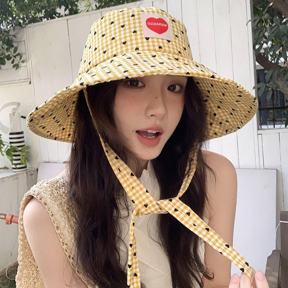Lace Up Hiking Fisherman Hat Sun Protection Heart Printed Bucket Hat Drawstring Sun Hat Fishing