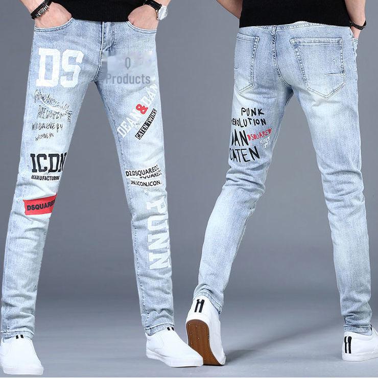 Мужские эластичные узкие джинсы с принтом «Горячие ромбы» — модная, облегающая, повседневная одежда на весну/лето