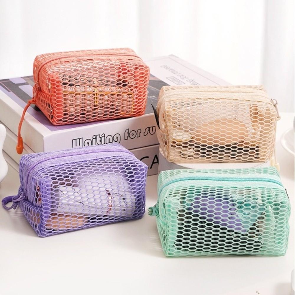 Large Capacity Lipstick Key Storage Pouch Mesh Zipper Coin Purse Portable Cosmetic Bag