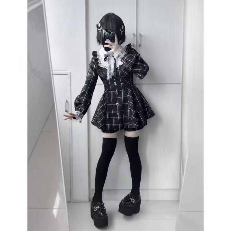 Женское весенне-осеннее платье в стиле Y2k Kawaii, сказочное, сладкое, с кружевной пэчворк-клеткой, с оборками, с длинным рукавом
