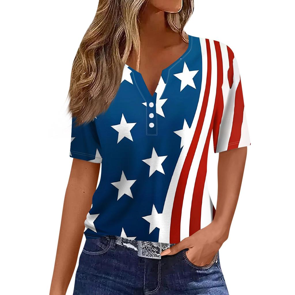 Жен. Футболка День независимости С принтом Пуговицы С короткими рукавами Повседневные Выходные Мода Классический Классический V-образный вырез Обычный Топ