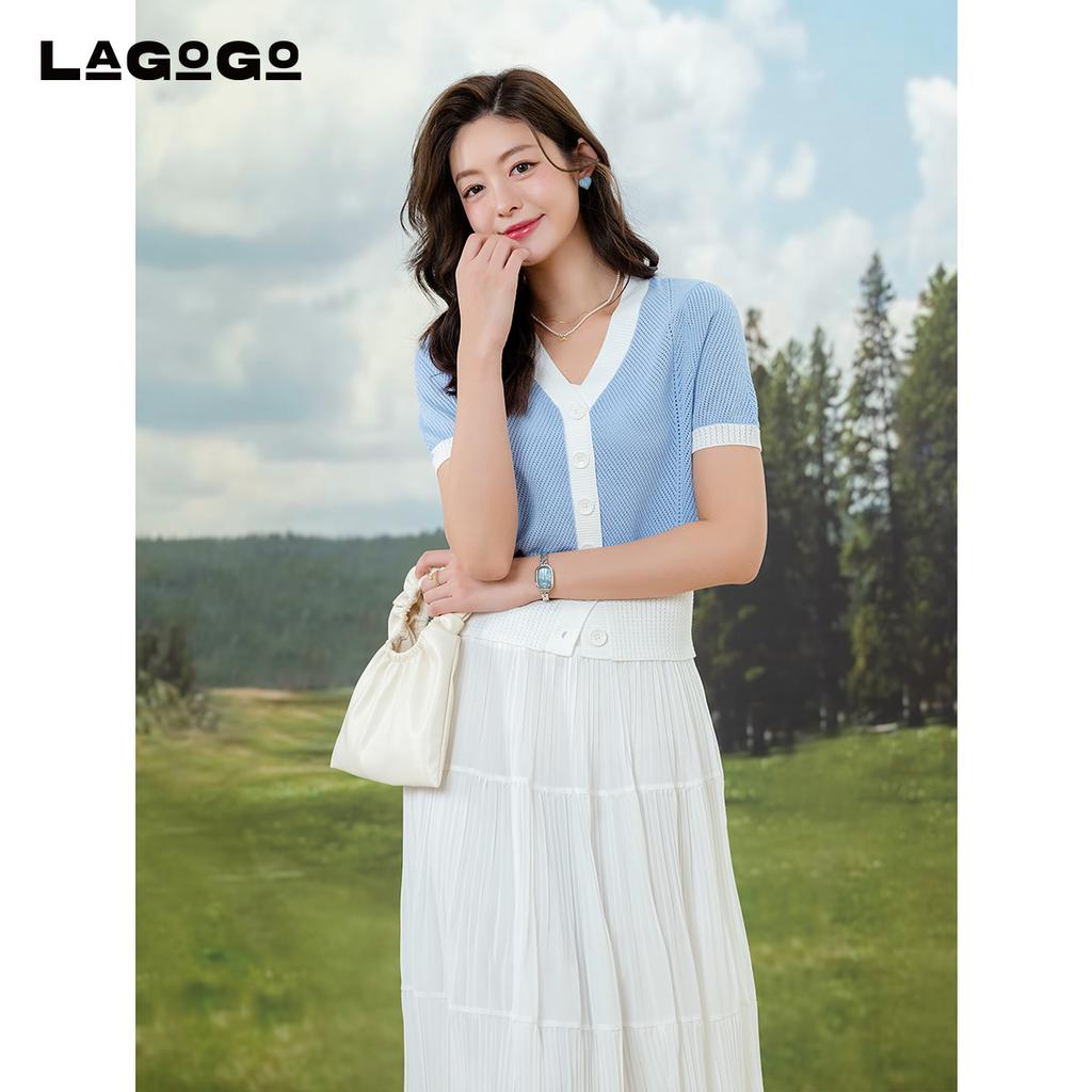 [Same as in the mall] Lagogo Lago Valley new hollowed out contrasting color temperament V-neck elastic knitted sweater for women