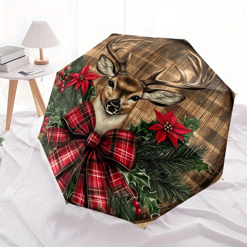 Christmas Deer Plaid Bow Wreath Wood WallArt DecorUmbrella, Portable 3-Fold Compact Umbrella for Men & Women Gift