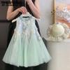 Летнее платье для девочек, принцесса, без рукавов, сетчатое платье с цветами, платье-боди