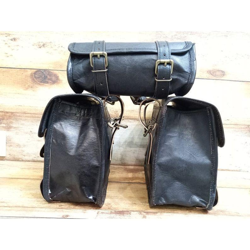 Handmade Black Leather Motorcycle Saddlebag Set: Panniers & Tool Pouch