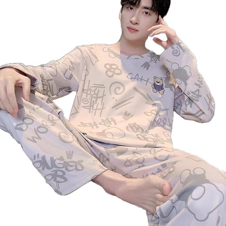 Мужской пижамный комплект большого размера с мультяшным принтом: С длинным рукавом, тонкий, для весны, осени и зимы - домашняя одежда для подростков и студентов.