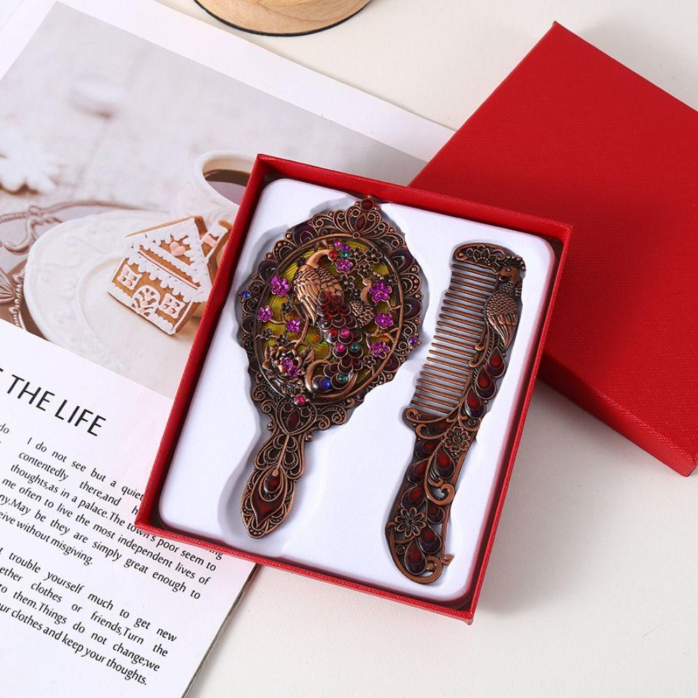 Hand-held Peacock Makeup Mirror Comb Set Portable Cosmetic Mirror Birthday Gift