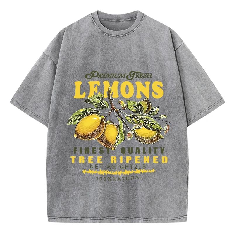 Cotton Women Acid Wash T-Shirts Premium Fresh Lemons Printing Tees Distressed Oversize O-Neck Short Sleeve Female Clothes