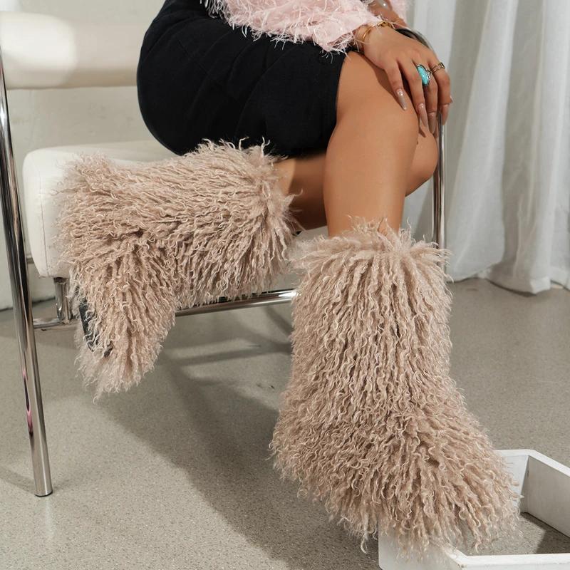 2025 New Winter Furry Shoes Women Teddy Fur Snow Boots Fluffy Faux Wool Plush Warm Fashion Short Boots Ladies Mongolian Boots