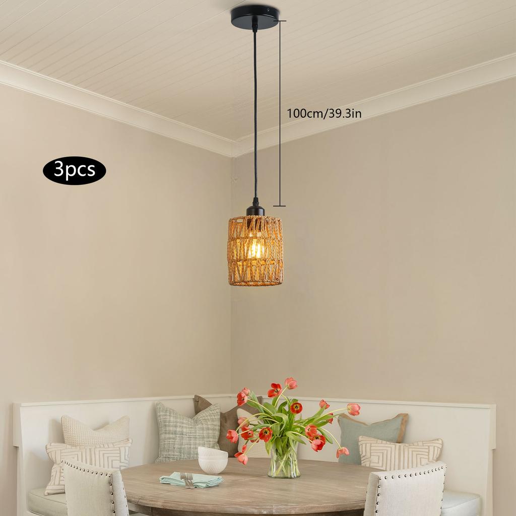 3-Pack Woven Paper Rope Pendant Lights With E26 Base - Rustic Adjustable Height (0-53 Inch) Chandelier for Dining Room & Bedroom