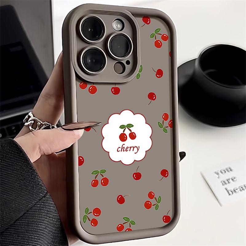 Для iPhone 16 Pro 15 14 Plus 13 12 Pro Max 11 Xs Xr 8 7 Cherry Pattern матовый ударопрочный мягкий TPU защита линз противоударный чехол конфетного цвета