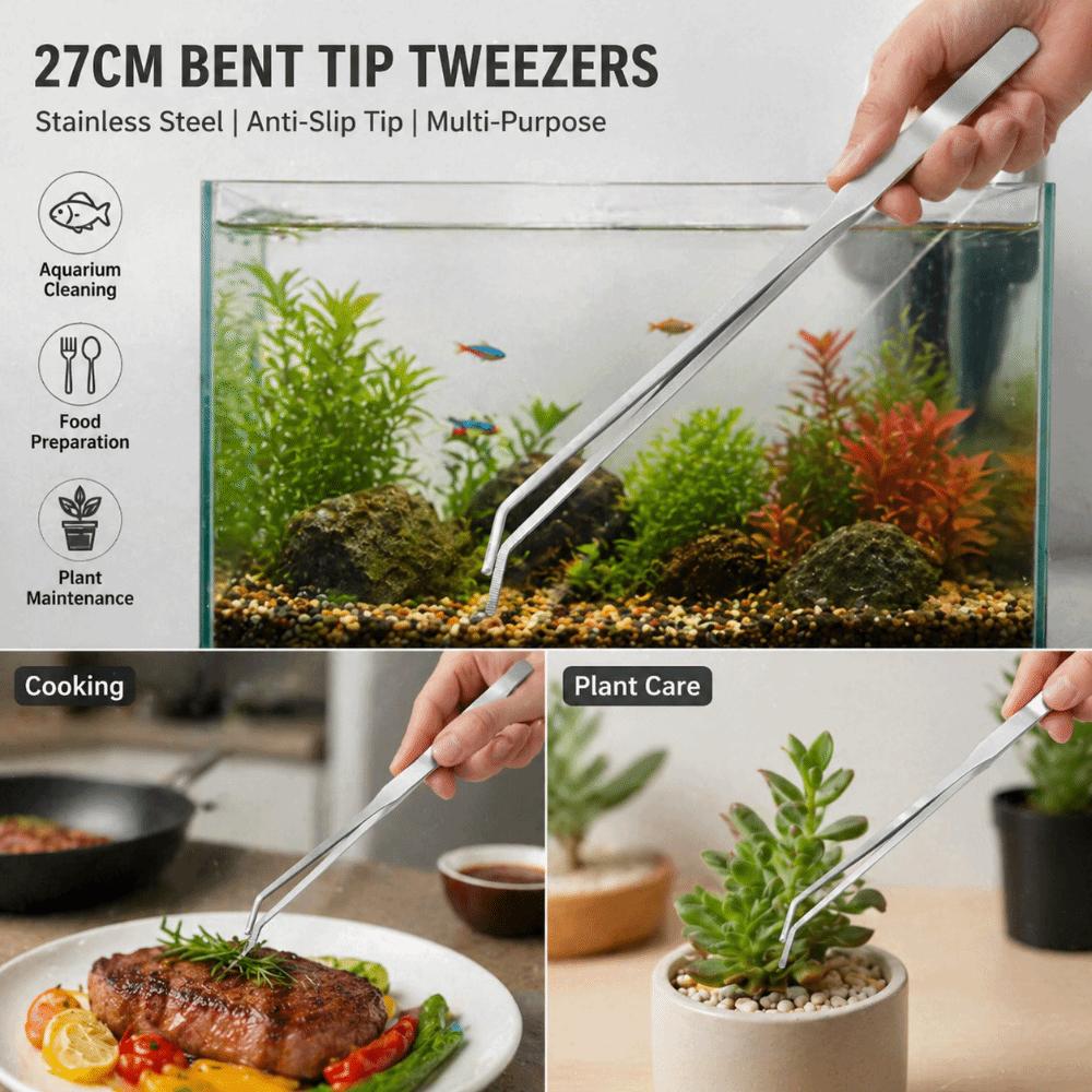27cm Stainless Steel Tweezers Long Handle Curved Cooking Clamps Aquarium Clean Tweezers Fish Tank