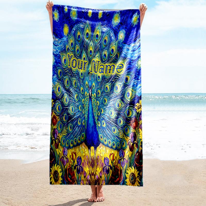 1PC Custom Name Peacock Sunflower Field Beach Towel Highly Absorbent And Sand-Resistant Towel for Swimming, Pool, Yoga, And Travel Lightweight