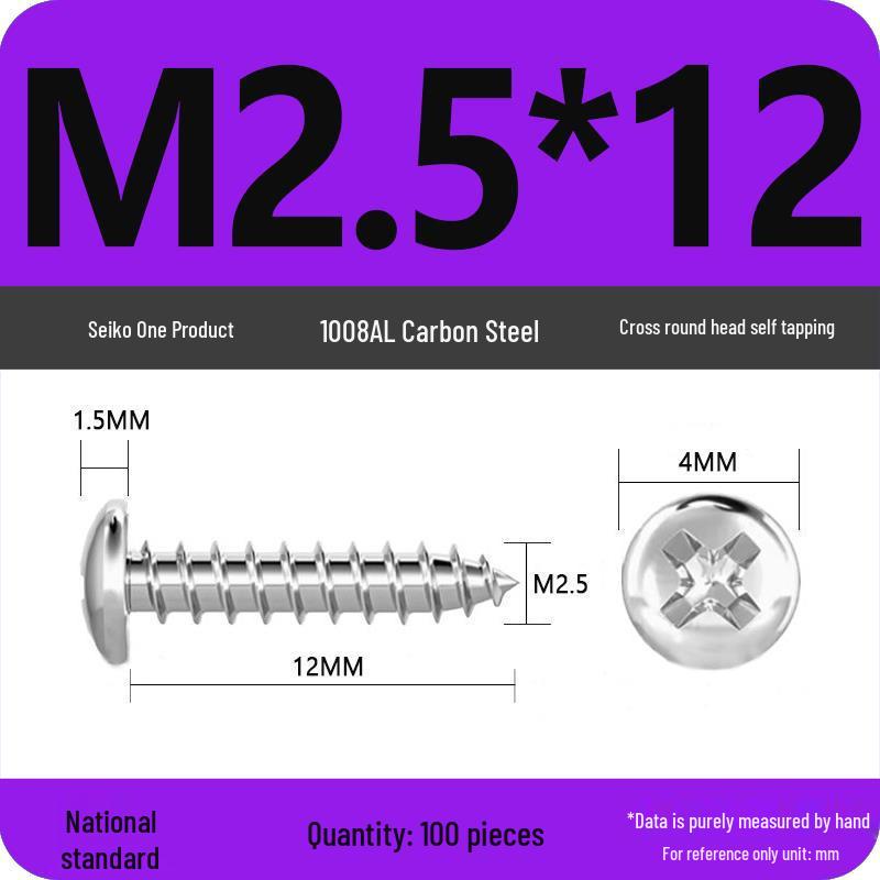 Galvanized Self-Tapping Screws, Round Head, White Zinc, PA Cross Pan, Pointed Tail M1.2-M4