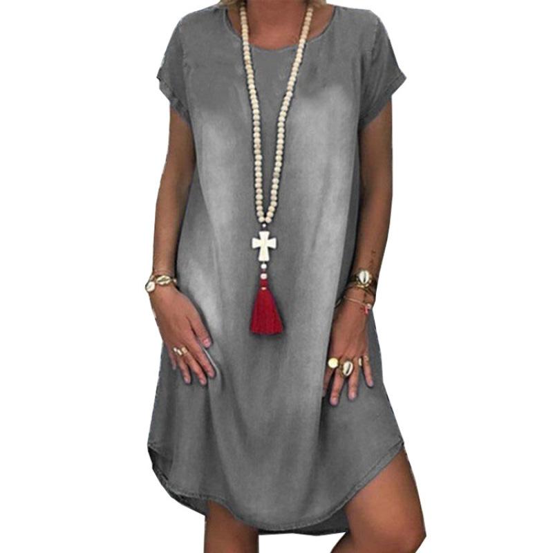 Женское джинсовое платье с потертостями - платье миди свободного кроя с круглым вырезом и короткими рукавами, повседневное мини-платье в стиле ретро для лета, идеально подходит для пляжа или повседневной носки