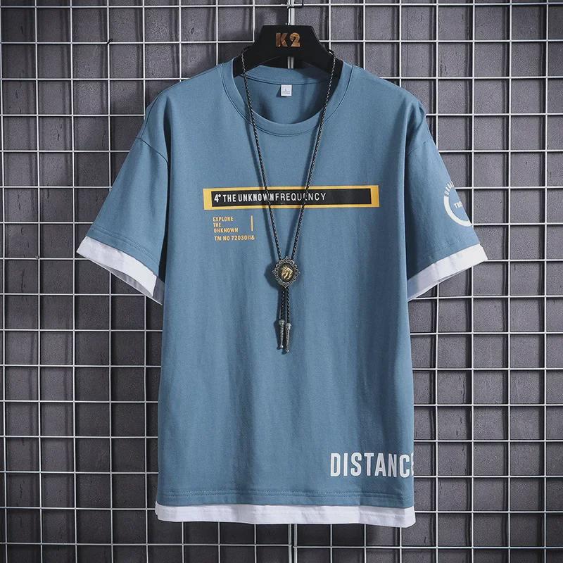 Летняя мужская модная футболка свободного кроя с коротким рукавом «два в одном» 2020 года
