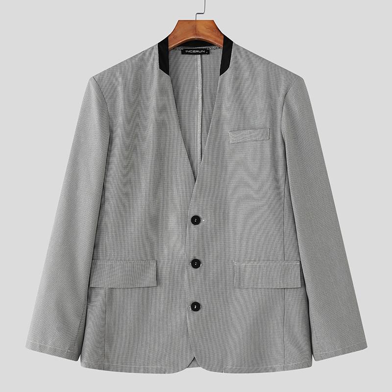 INCERUN Oversized Men V Neck Long Sleeve Plaid Print Casual Loose Thin Blazer Coats