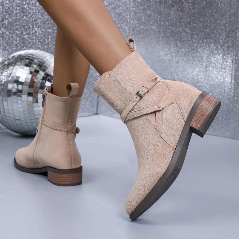 Новые стильные женские ботинки телесного цвета, универсальные, с квадратным каблуком, однотонные, с острым носком, с молнией, украшением, для профессиональных поездок на работу