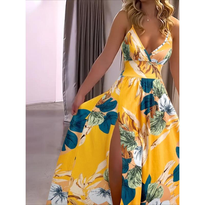 Летняя мода женские халтер V-образный вырез прорезь сзади завязка разрез длинные платья
