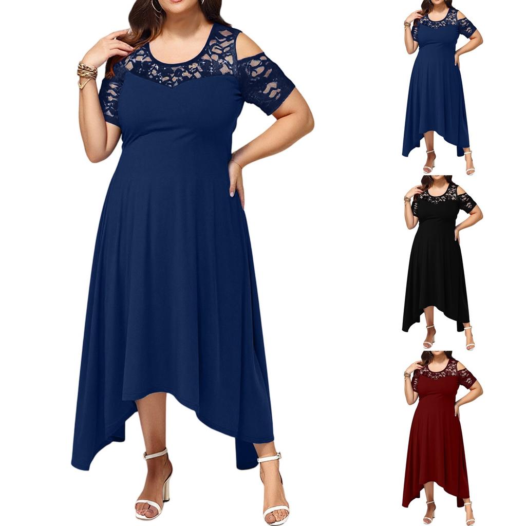Женское летнее платье с открытыми плечами, кружевной отделкой, элегантное, оверсайз, однотонное