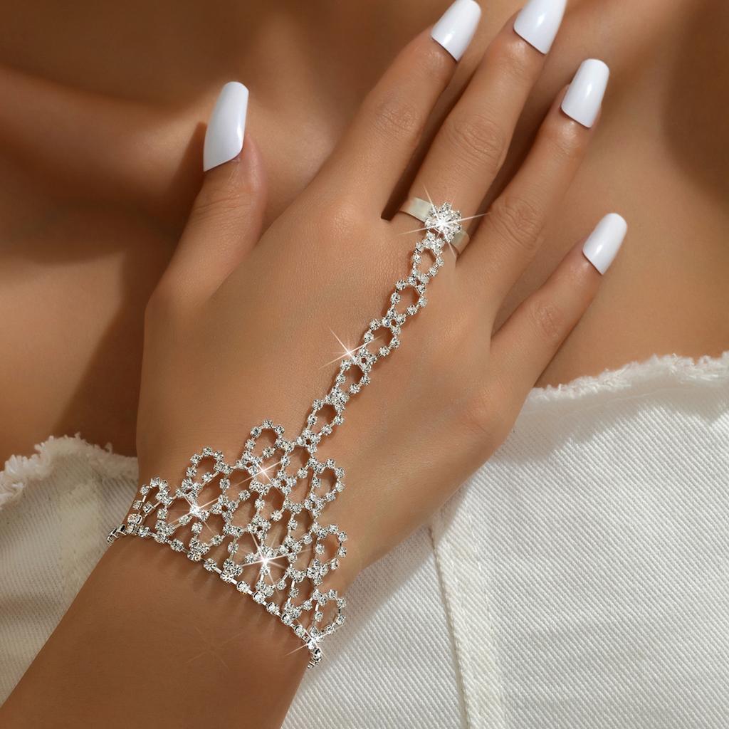 Diamond Bracelet, Ring Integrated Chain, Latin Dance Hand Back Chain, Trendy Girl Mixed and Matched Bracelet.