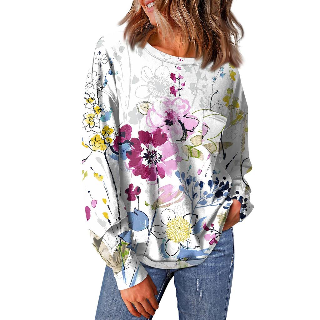 Женский повседневный свободный топ с круглым вырезом и карманами с винтажным цветочным принтом и длинными рукавами