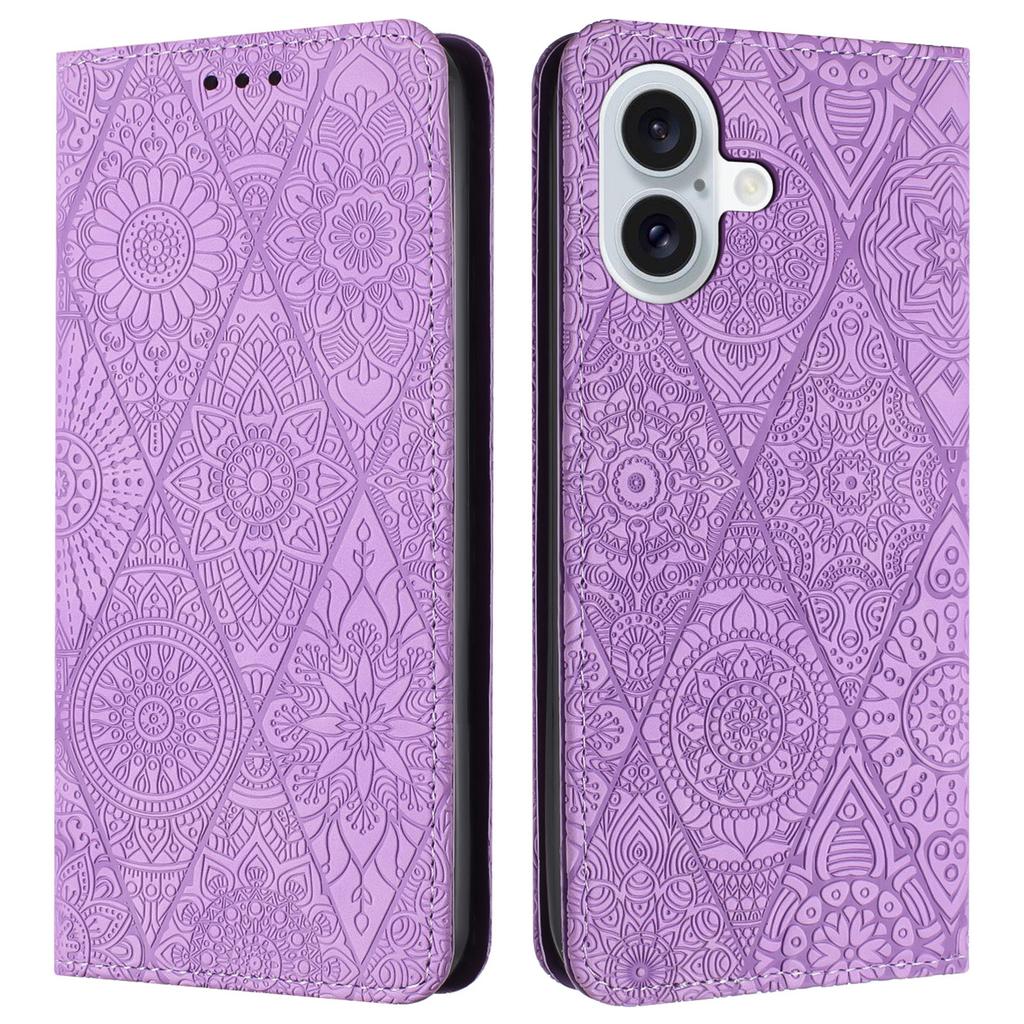 For iPhone 16 Case Imprinted Flower Wallet Stand Leather Phone Cover - Black