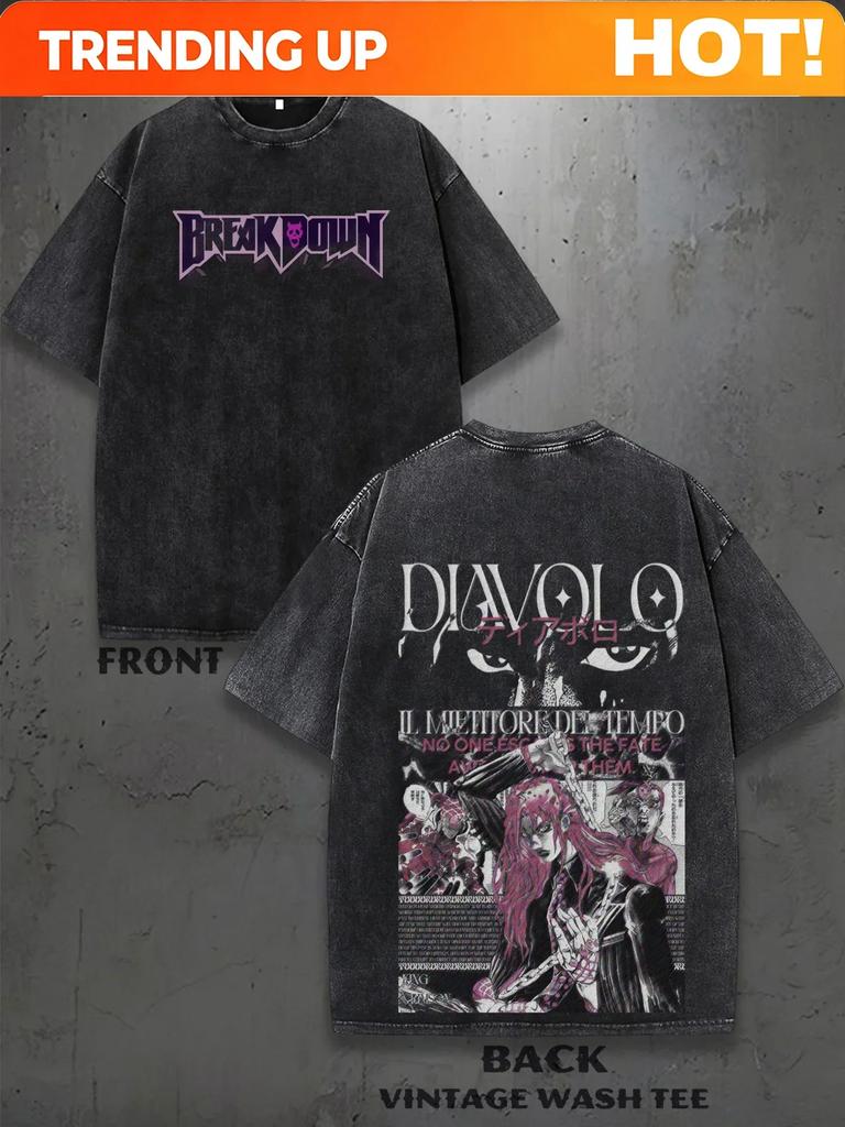 Customization Men'S 100% Y2K Vintage Washed Black Printed T-Shirt - Short Sleeve Breakdown Diavolo Manga Year-Round Wear, Street
