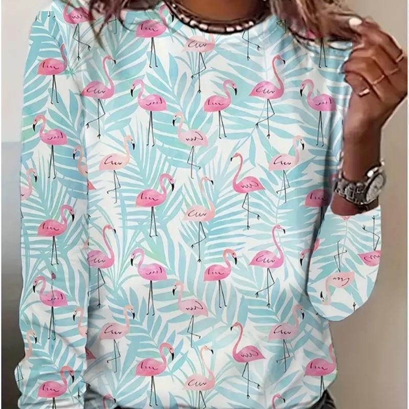 Tops For Women Animals and Birds Print Round Neck Long Sleeve T-shirt Fall Casual Slim Pullover Women's Long Sleeve Top