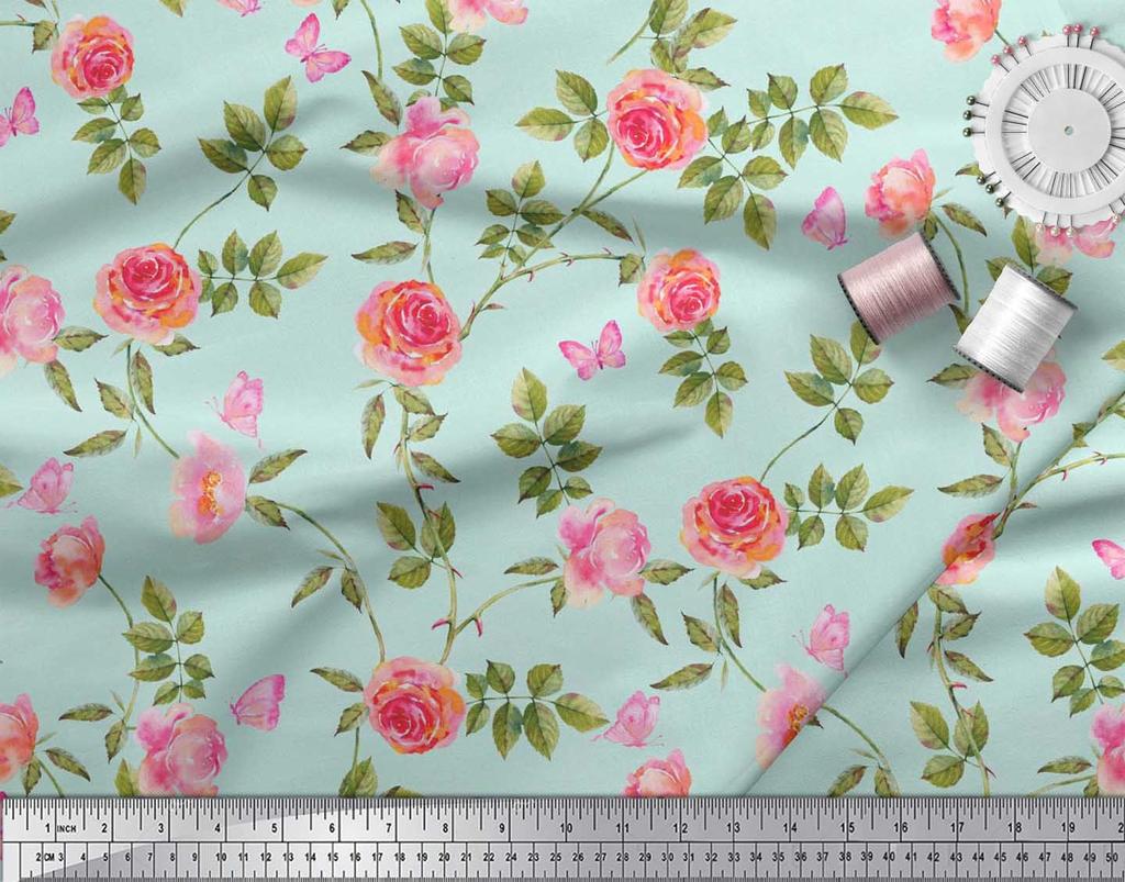Soimoi Японская креп-сатиновая ткань с листьями, розами и пионами, ткань с цветочным принтом по метрам, 42 дюйма