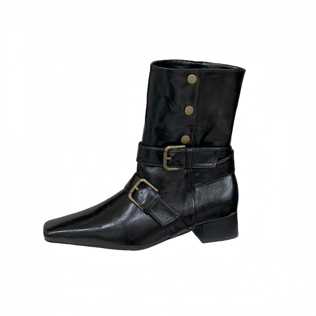 Ретро ботильоны на толстом каблуке с квадратным носком в стиле вестерн ковбойские женские на среднем каблуке 2025 осень новые с пряжкой женские ботинки