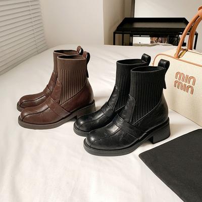Эластичные ботинки на толстой подошве, ботинки с внутренней платформой, женские вязаные носки, новые осенне-зимние тонкие ботинки 2025 года, короткие ботинки на толстом каблуке