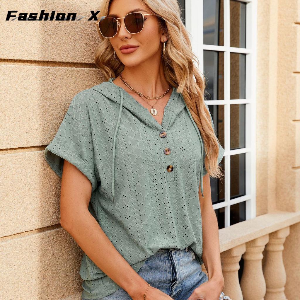 2024 весна и лето, новая однотонная свободная футболка с короткими рукавами и пуговицами, топ для женщин