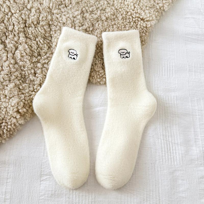 Female Autumn and Winter Thickened Warm Sweet Lovely Embroidered White Medium Long Socks
