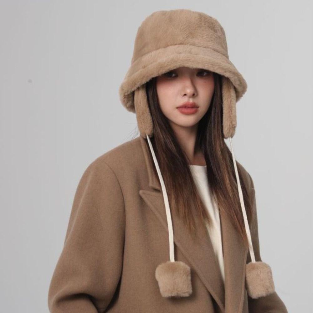 Solid Color Winter Fisherman Hat Anti-cold Plush Bucket Cap Ushanka Plush Panama Hat Outdoor
