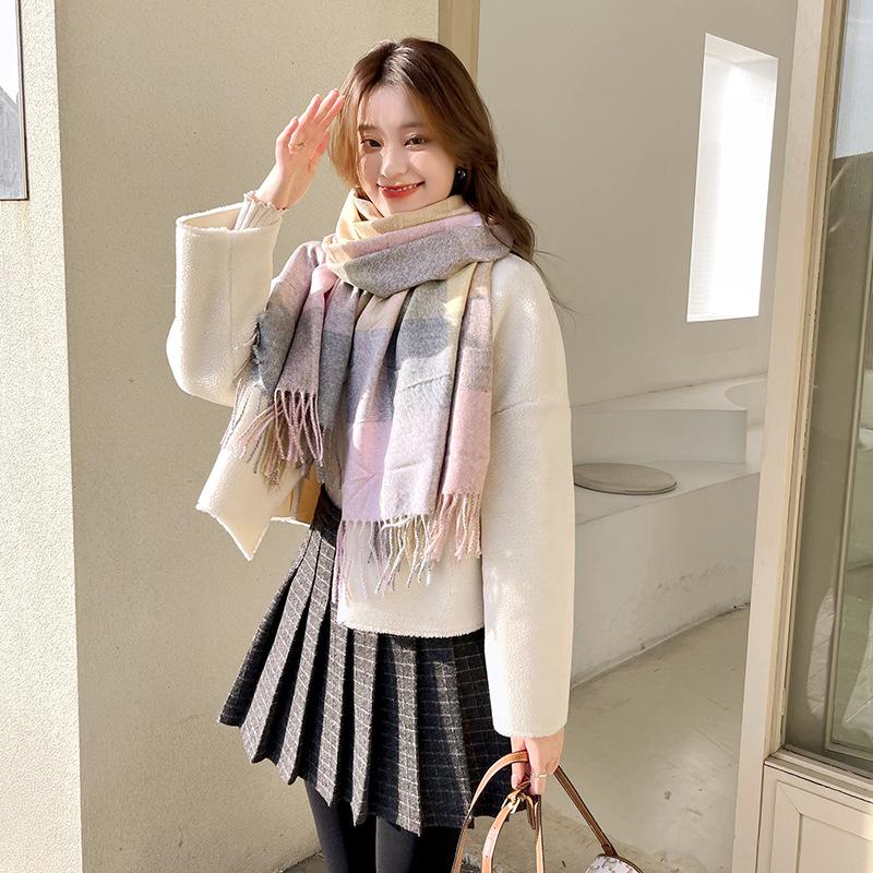 New Plaid Scarf for Women Japanese and Korean Sweet Imitation Cashmere Mid Length Colorful Plaid Scarf Shawl and Scarf