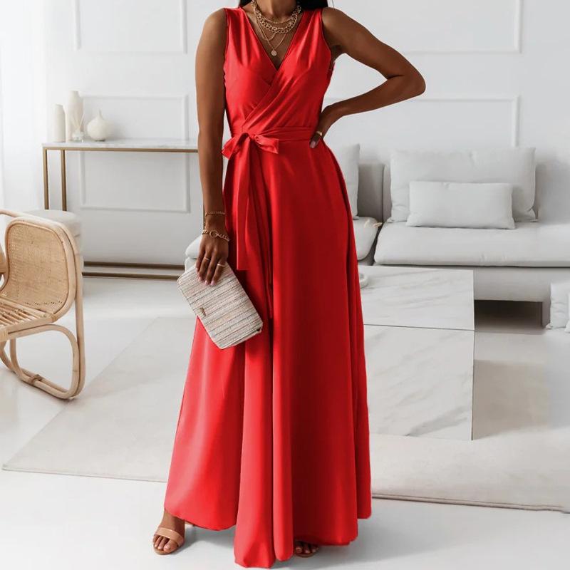 2025 Летнее Вечернее Длинное Платье на Шнуровке Однотонное с V-образным Вырезом