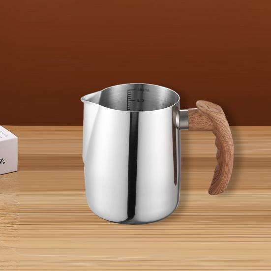 600/1000ML Milk Frothing Pitcher with Precise Scale Wooden Handle Dripless Spout Stainless Steel Latte Coffee Cup Milk