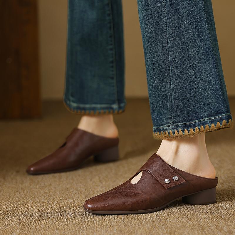 Мода 2025 Лето С закрытым носком Натуральная кожа Шлепанцы Женские Толстый каблук Повседневные Мюли Летние Для ежедневной ходьбы Шлепанцы из овчины