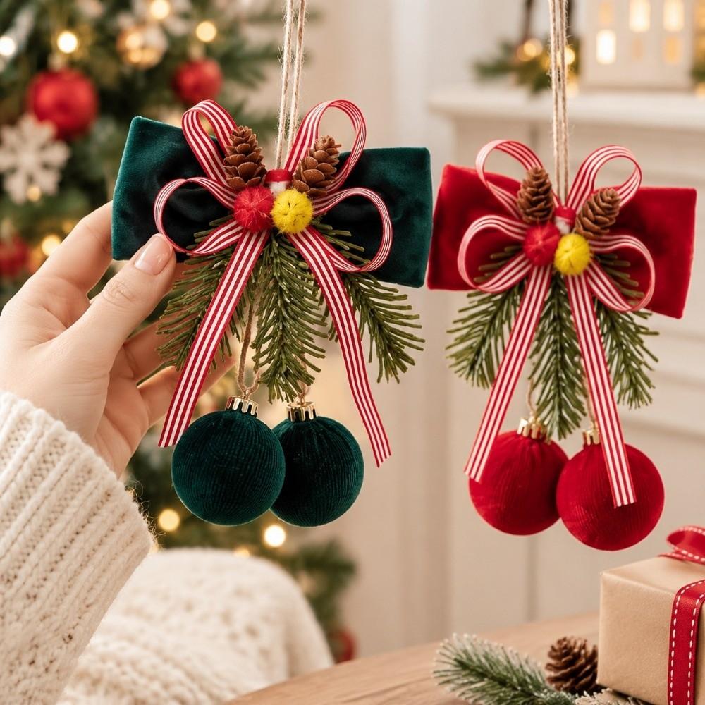 Striped Ribbon Christmas Bowknot Pendant Pine Sprig Xmas Tree Hanging Pendant Holiday Decoration