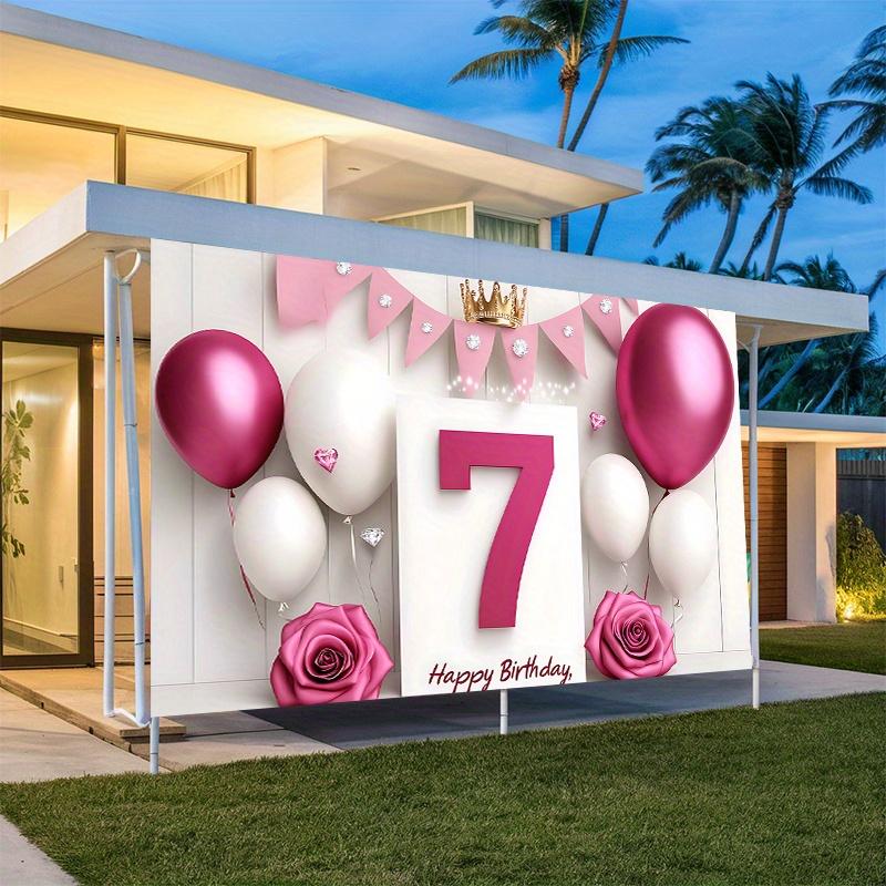 7th Birthday Party Backdrop White Pink Polyester Banner Photo Booth Decoration
